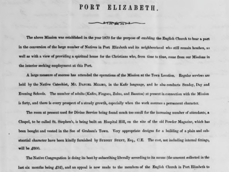 Section of a document titled Port Elizabeth, regarding missionary work in Port Elizabeth beginning in 1870.