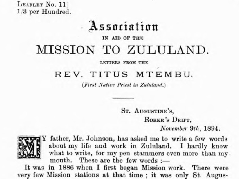 Section of the cover of a leaflet titled Association in aid of the Mission to Zululand. Letters from the Rev. Titus Mtembu, dated 9 November 1894.