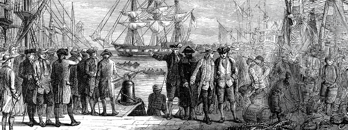 A drawing of a ship "The Dartmouth" in Boston Harbour, as seen from the dock. A group of men gather to watch the ships.