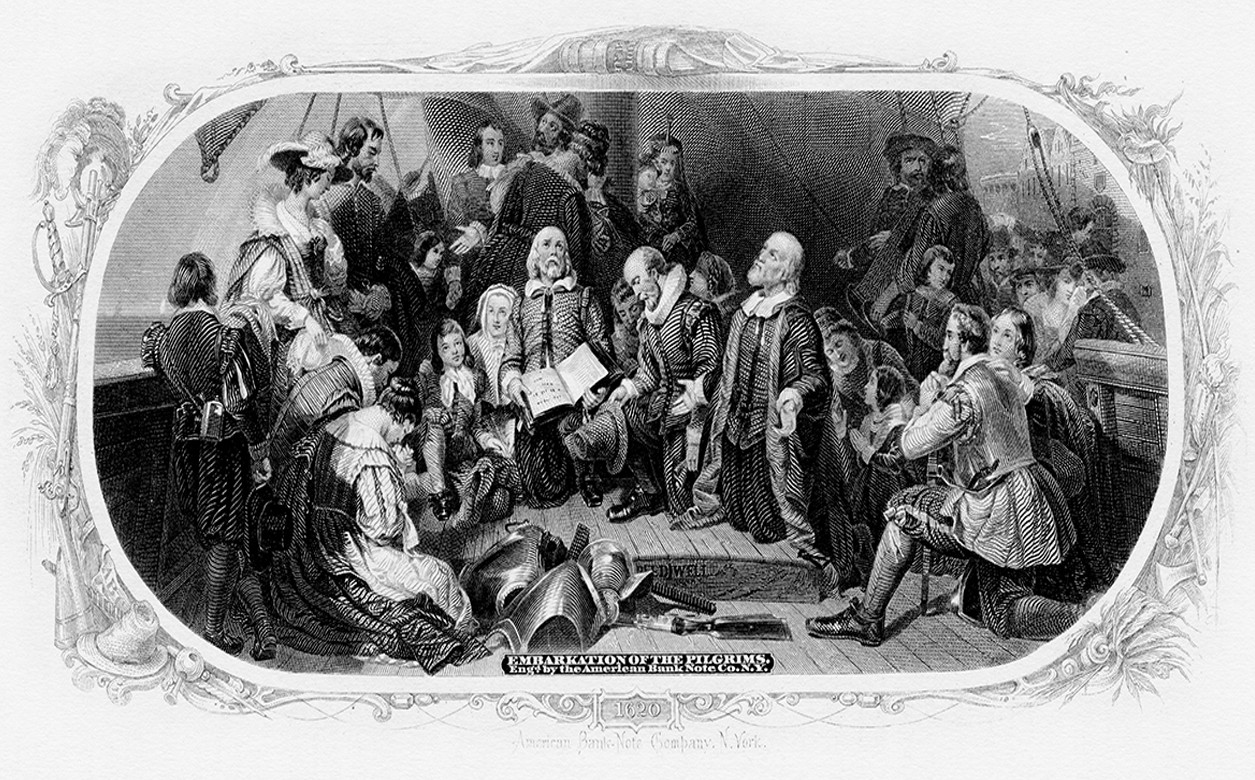 Robert W. Weir’s painting Embarkation of the Pilgrims. A group of people gather, one holding a book, another with his hands outstretched.