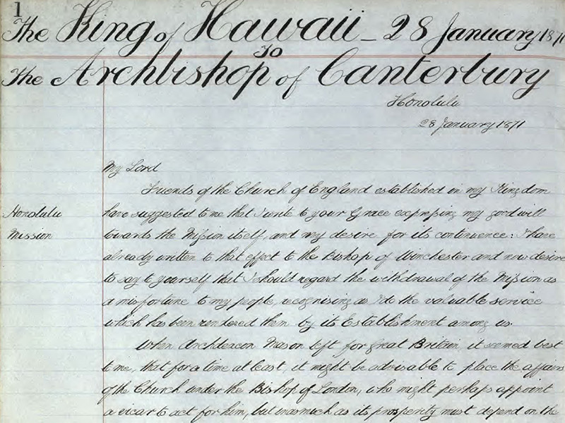 Section of a handwritten letter addressed from the King of Hawaii to the Archbishop of Canterbury, dated 28 January 1871.