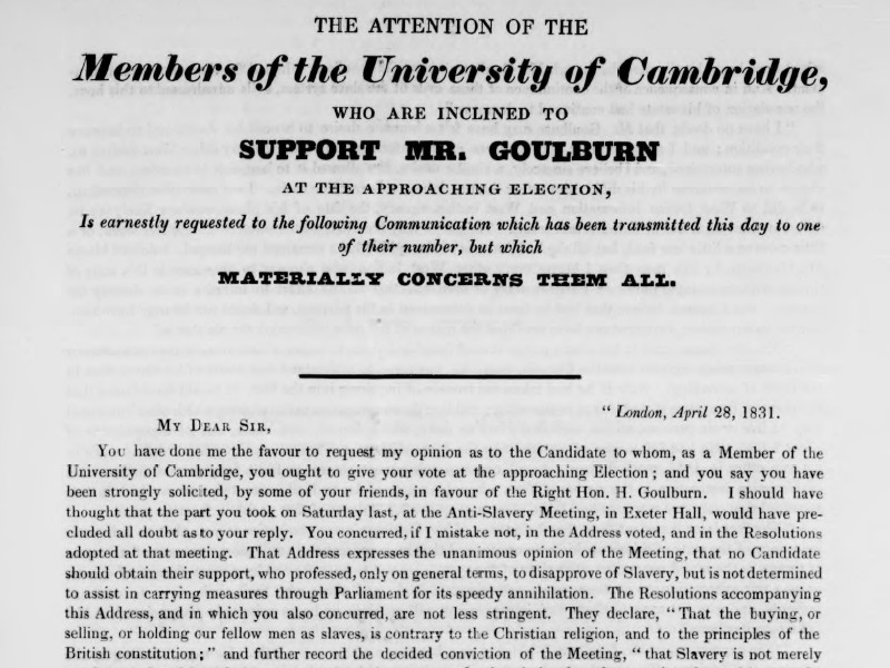 Section of a typed letter for The attention of the members of the University of Cambridge who are inclined to support Mr. Goulburn at the approaching election, dated 28 April 1831.