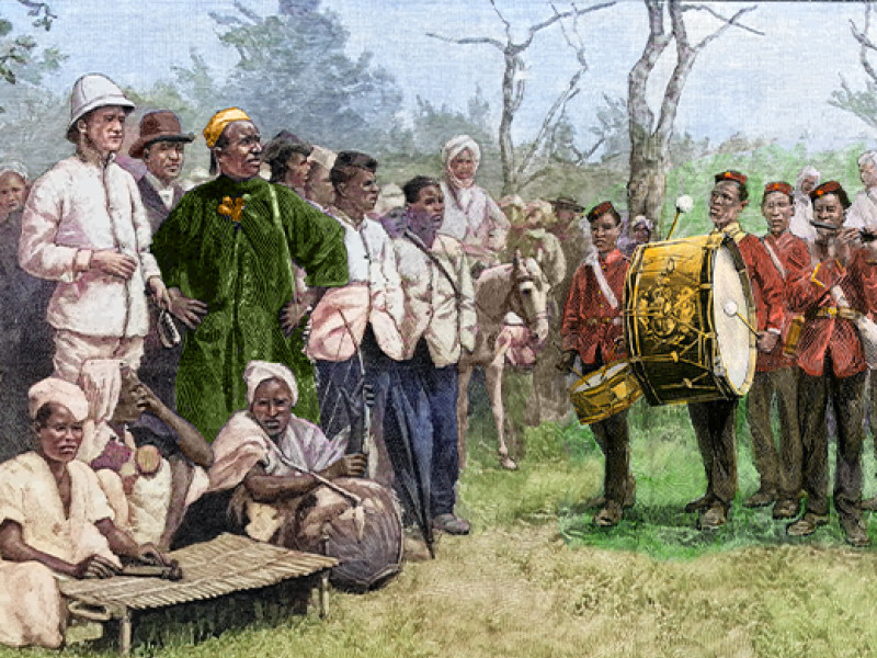 British colonial administrator of Gambia meeting with a chief, 1889.