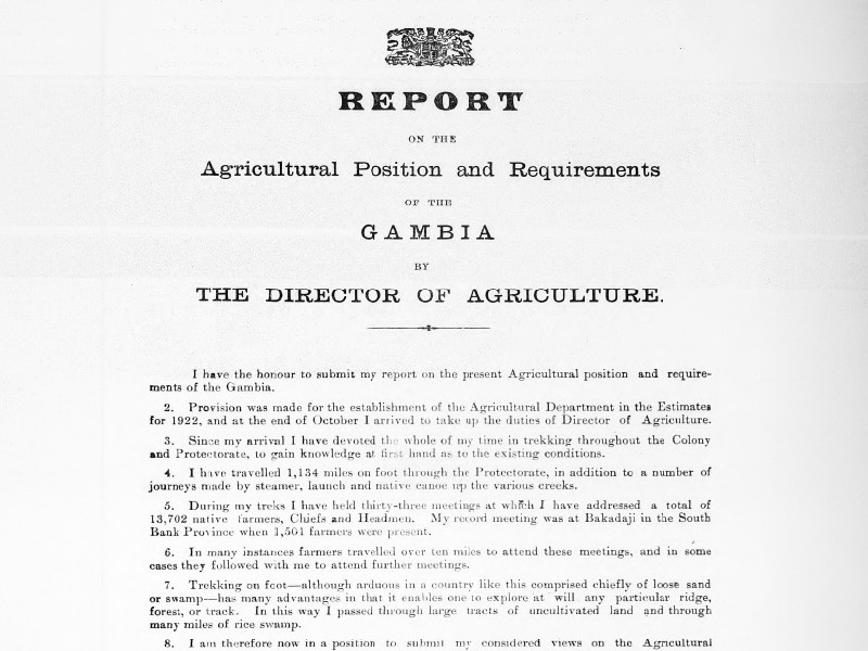 Front page of a Report on the Agricultural Position and Requirements of the Gambia by the Director of Agriculture.