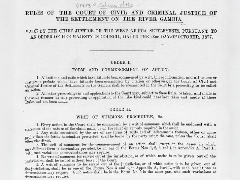 Top section of a document recording Rules of the Court of Civil and Criminal Justice of the Settlement on the River Gambia, dated 23 October 1877.
