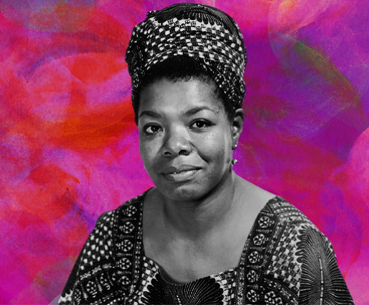 A black and white photograph of Maya Angelou, a black woman who wears a blouse, over a pink and purple background.