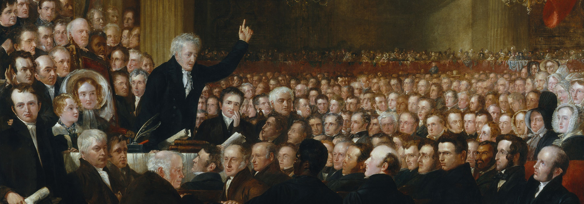 A painting of the 1840 convention of the British and Foreign Anti-Slavery Society which was established to promote worldwide abolition. An elderly Thomas Clarkson is stood with his finger pointing in the air as he addresses a meeting of over 500 delegates.