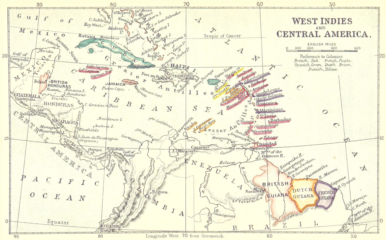 A map of West Indies and Central America, dated 1888. The map is on a cream background with grid squares. Several country names are underlined in coloured pen.