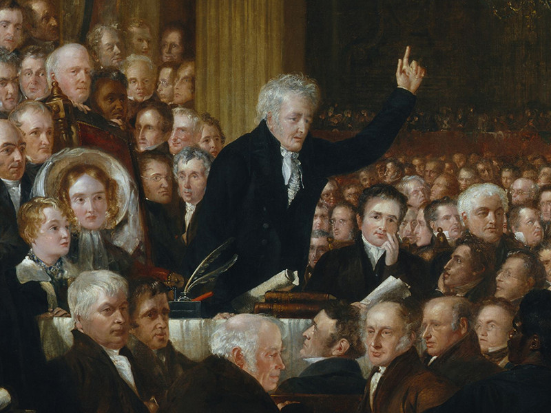 A painting of the 1840 convention of the British and Foreign Anti-Slavery Society which was established to promote worldwide abolition. An elderly Thomas Clarkson is stood with his finger pointing in the air as he addresses a meeting of over 500 delegates.