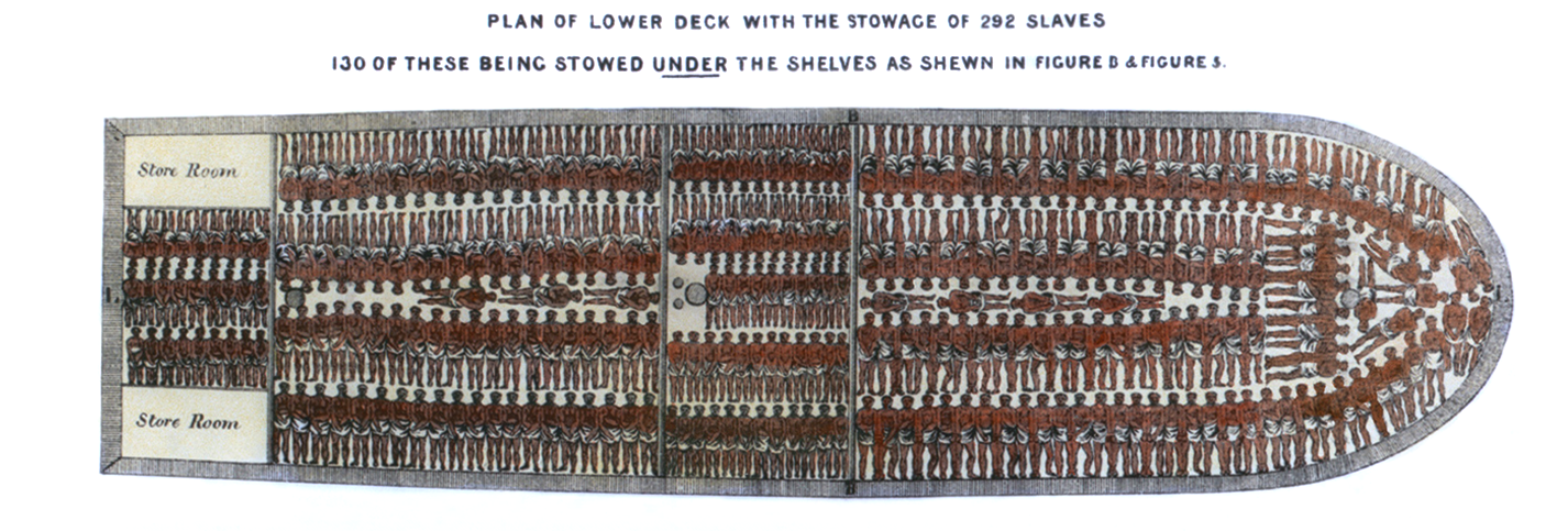 An illustration of a plan of the lower deck of a ship. It shows 292 enslaved people.