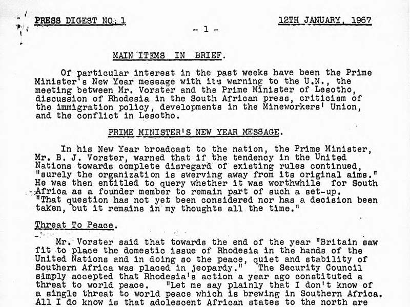 Section of a Press Digest dated 12 January 1967, featuring sections on Main items in brief and the Prime Minister's new year message.