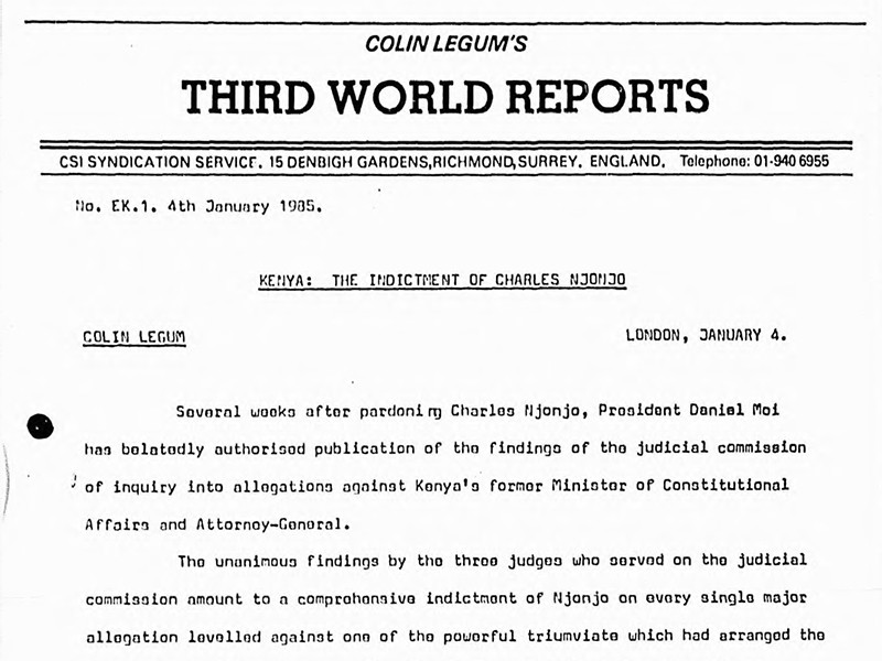 Section of Colin Legum's Third World Reports, titled Kenya: The Indictment of Charles Njonjo and dated 4 January 1985.