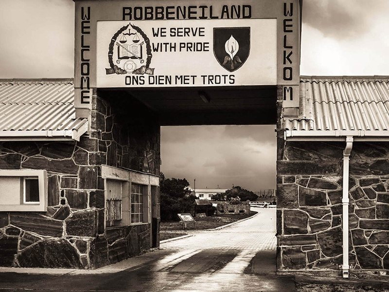 The entry gate of Robben Island Prison in Cape Town, South Africa, where Nelson Mandela was imprisoned.