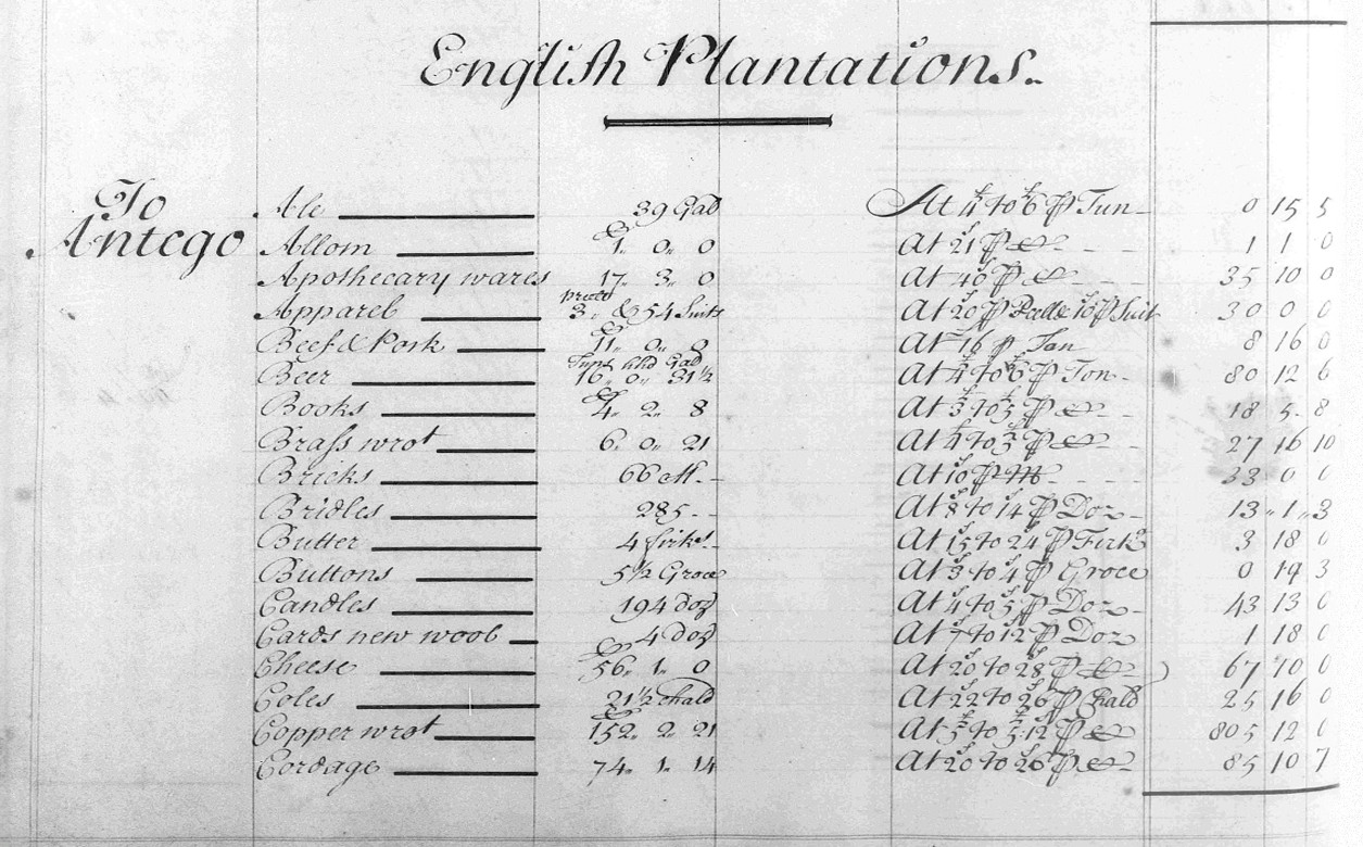 Ledger showing the goods shipped to slavery plantations in the 18th century