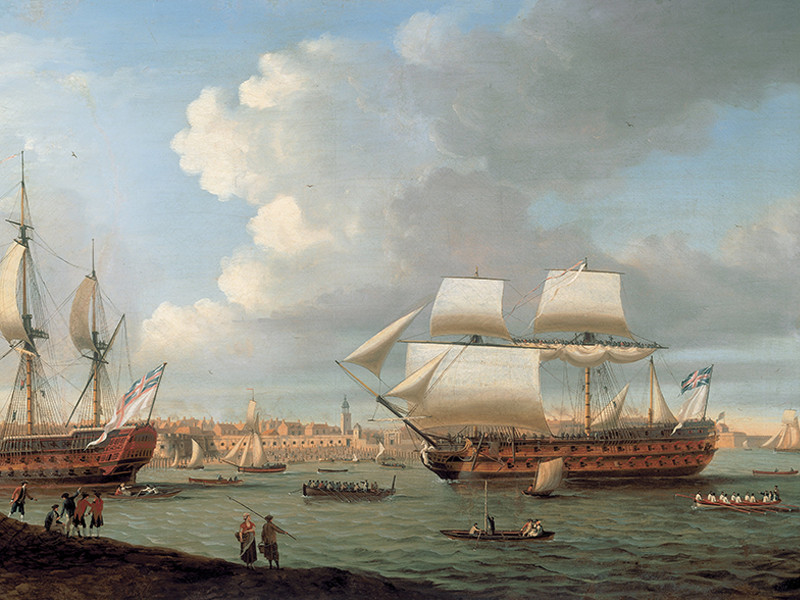 Painting by artist Thomas Luny in 1788 of East India Company's Ships
