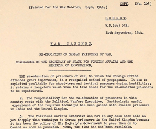 A typewritten document from September 1944, stamped as Secret. It is from the War Cabinet, and has a heading of Re-education of German Prisoners of War.