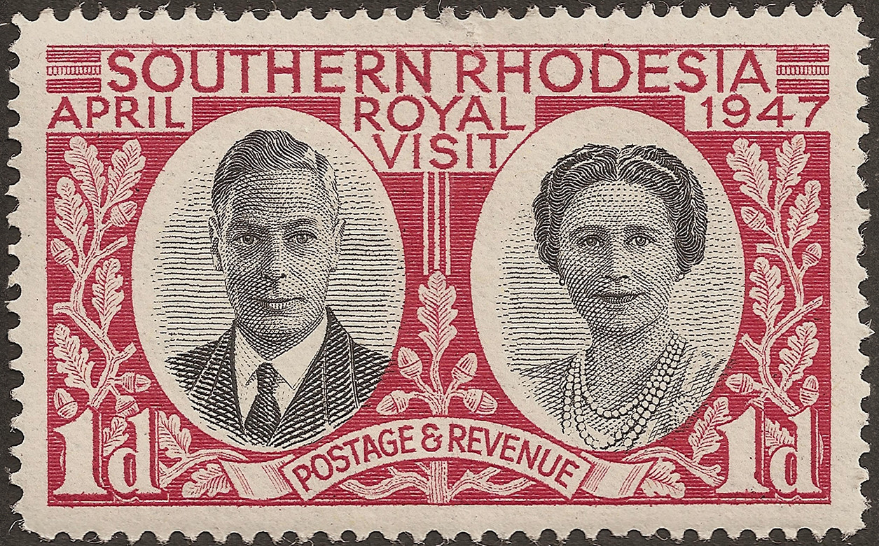 Stamp of Southern Rhodesia of 1947, issued for the royal visit in Southern Africa, in April 1947. This 1 penny red figured King George VI and his wife.