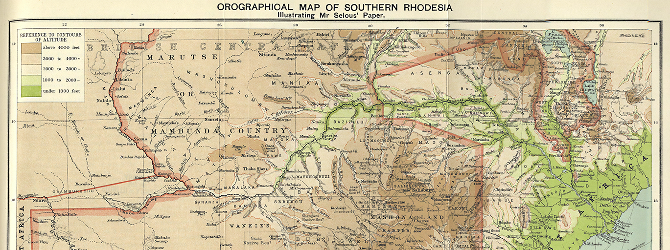 An Orographical Map of Southern Rhodesia, with grid references and contours of altitude.