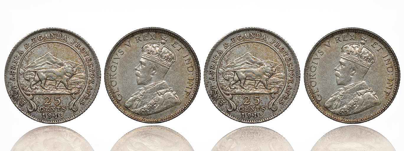 British East Africa and Uganda Protectorates twenty five cents silver coins from 1913. The coins denote the bust of King George V, and a lion in front of mountains. The denomination and date are listed below.