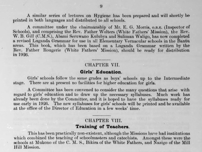 Section of a report showing descriptions of Chapter VII. Girls' Education and Chapter VIII. Training of Teachers.