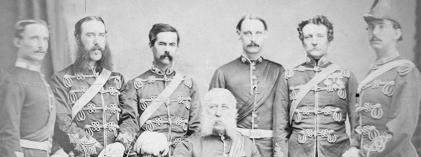 A picture of officers involved in the Morant Bay Rebellion. Including Luke Smythe O'Connor, R. F. Ballantine, William Walker Whitehall Johnston, and Alexander Abercromby Nelson.