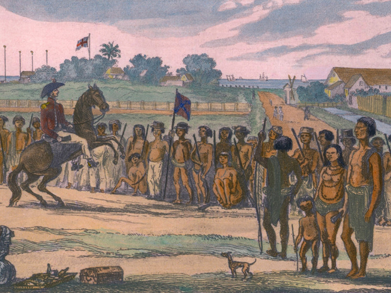 Indigenous people of the colony of British Guiana are reviewed prior to their clean up operations, Demerara Slave Revolt in British Guiana in August-September 1823.
