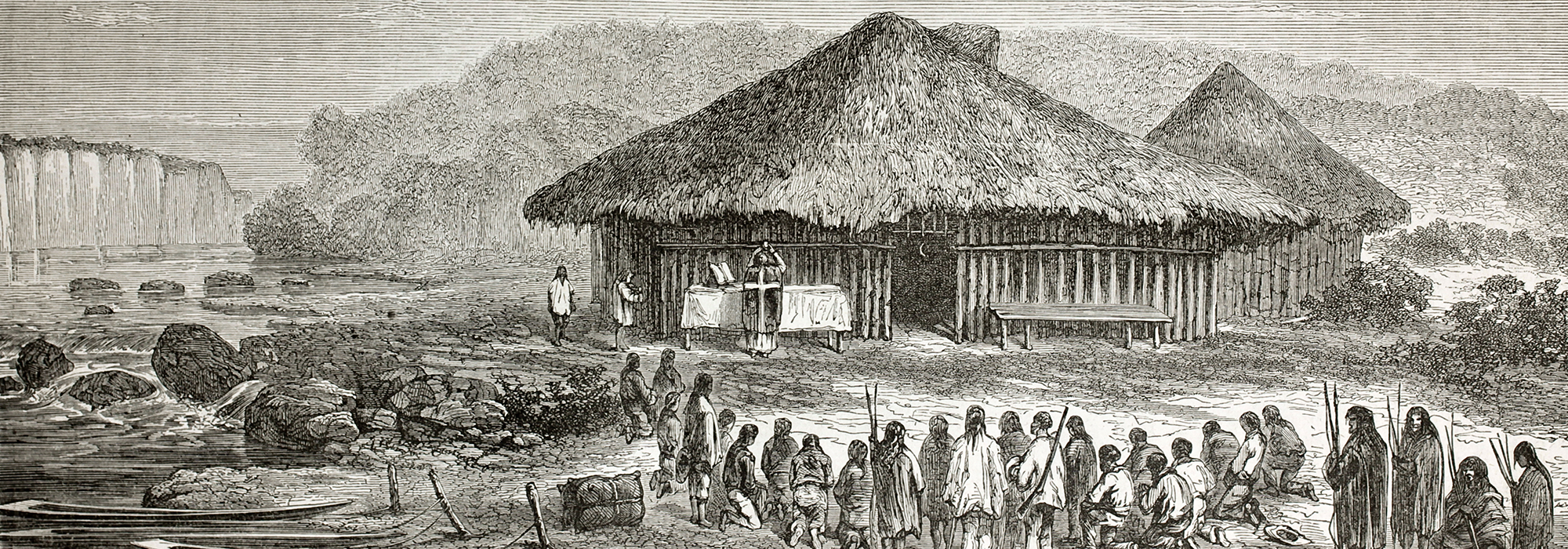 An illustration of a priest celebrating Mass in a Andean village near the river.
