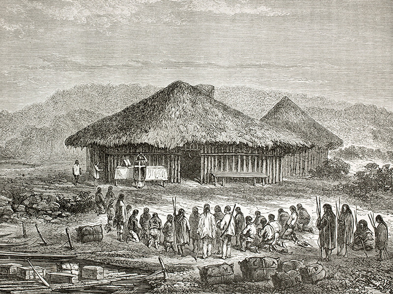 An illustration of a priest celebrating Mass in a Andean village near the river.