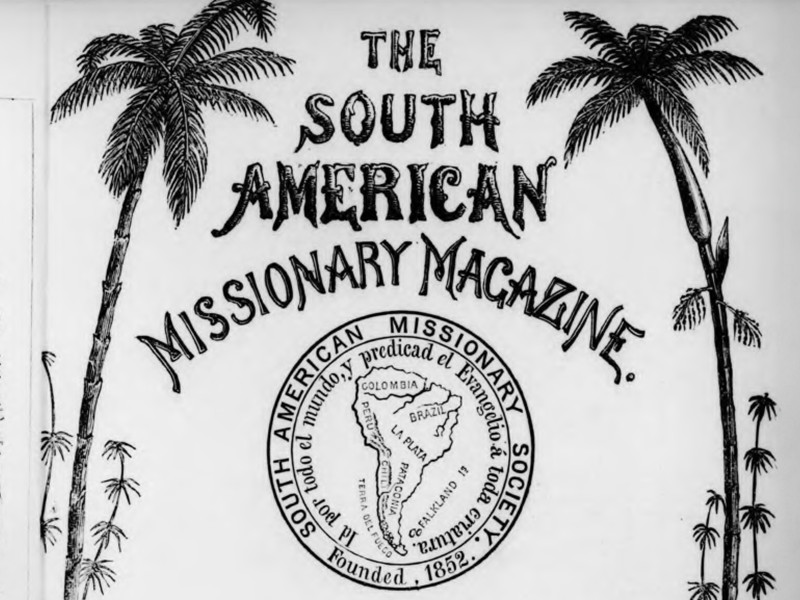 Front cover of The South American Missionary Magazine, featuring illustrations of two palm trees and a South American Missionary Society logo.