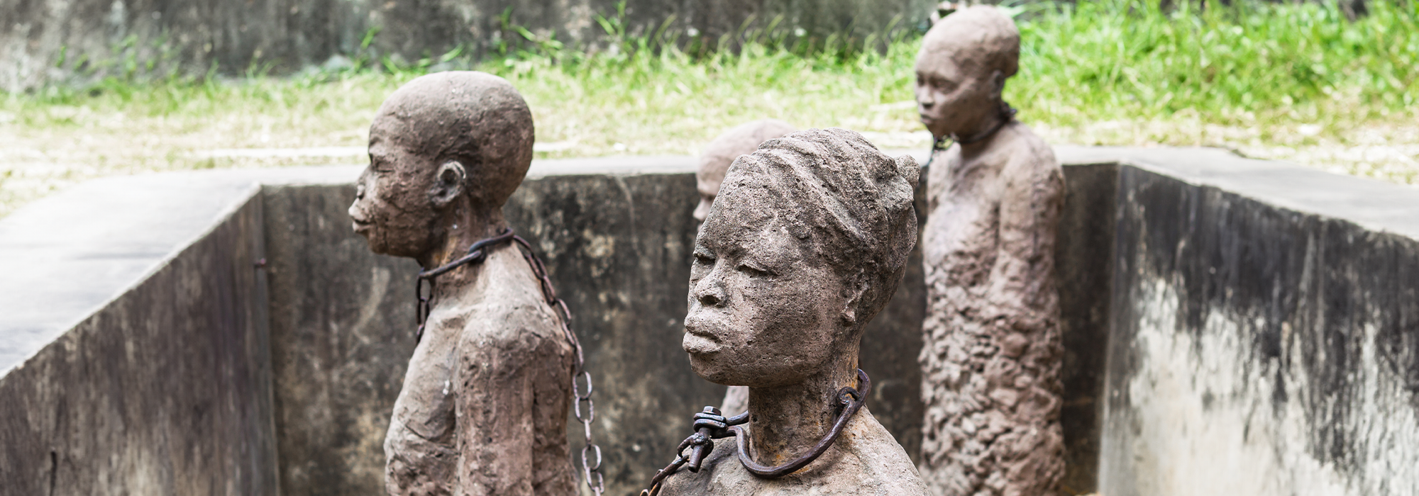Sculpture of enslaved people dedicated to victims of slavery in Stone Town, Zanzibar, Tanzania.