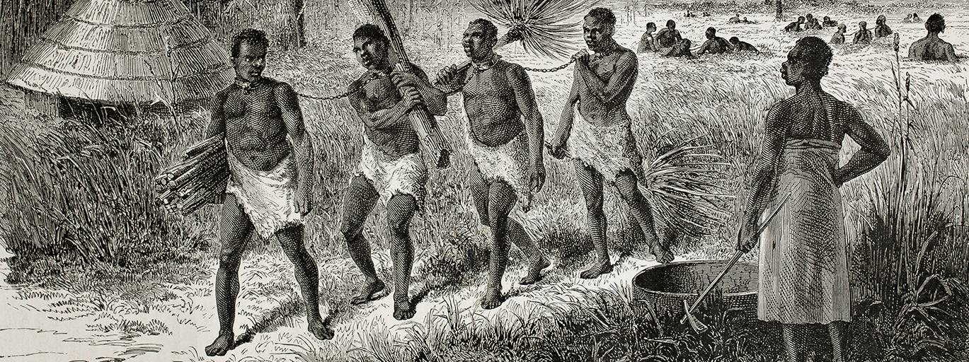 Illustration of enslaved people carrying timber in Unyamwezi region, Tanzania.
