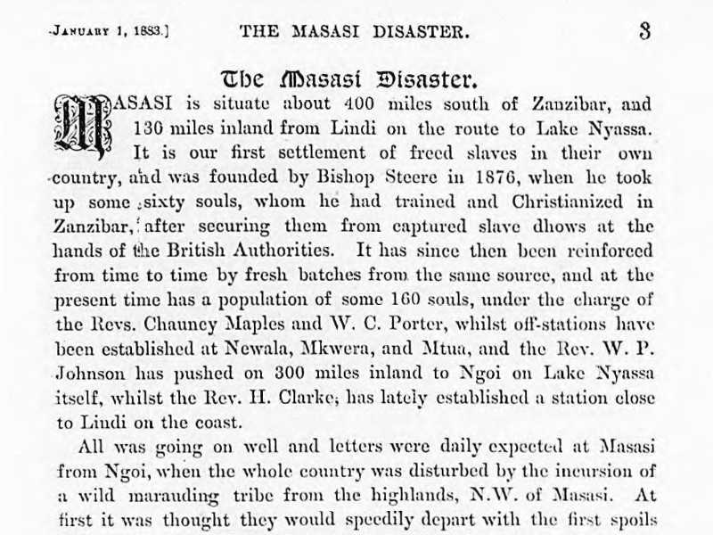 Section of an article titled The Masasi Disaster, dated 1 January 1883.