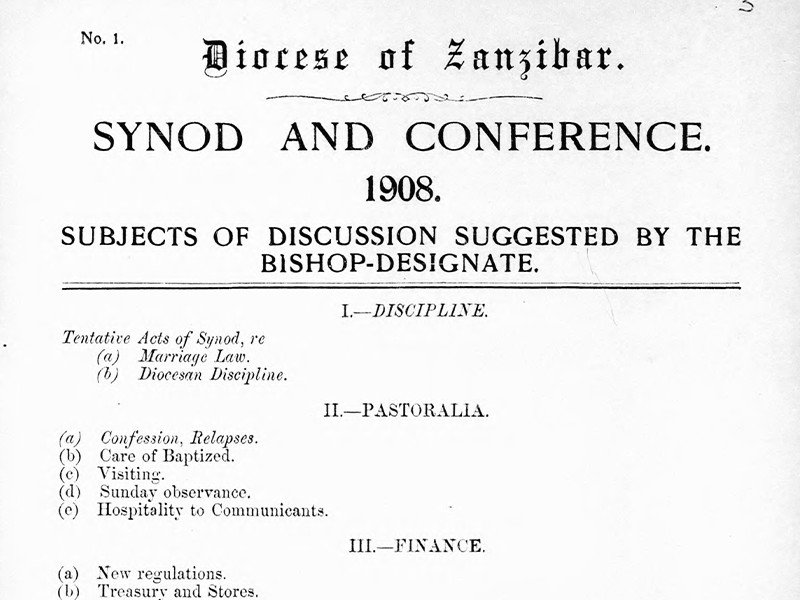 Front page of a document titled Synod and Conference 1906, listing various subjects of discussion suggested by the Bishop-designate.