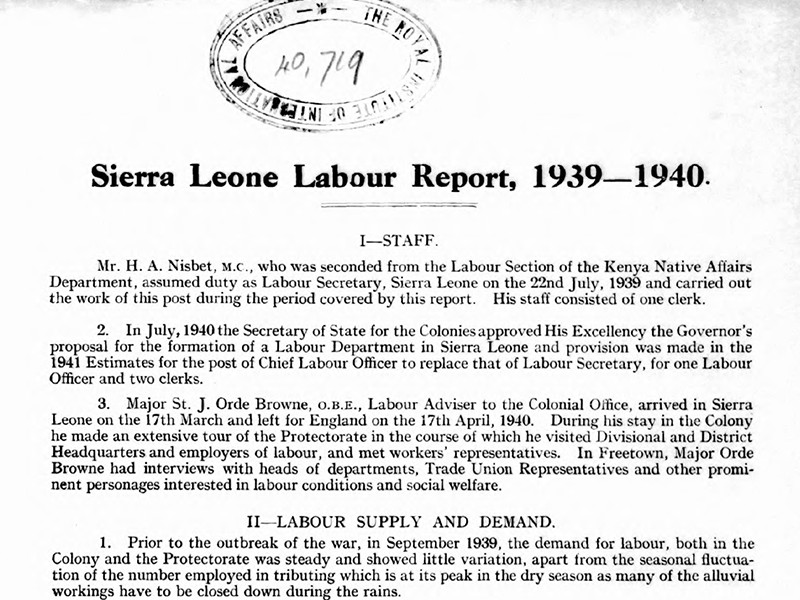 Section of a report titled Sierra Leone Labour Report, 1939-1940, featuring a stamp reading The Royal Institute of International Affairs on the top of the page.