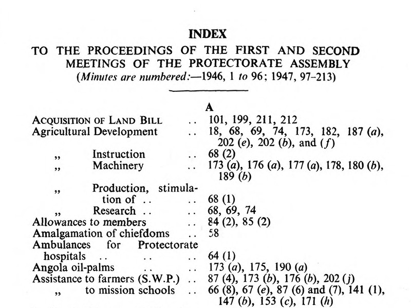 Section of an index to The Proceedings of the First and Second Meetings of the Protectorate Assembly.