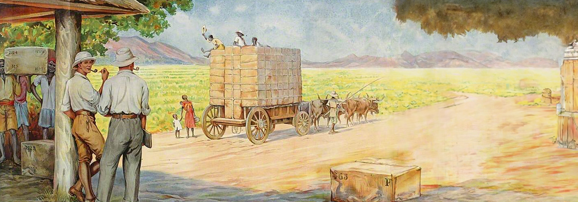 A tobacco plantation in Nyasaland. Two men stand under a shelter smoking pipes while a carriage drawn by long horned cattle, loaded with crates, sets off in to the distance.