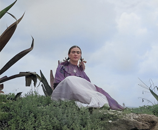 A colourised photograph of Frida Kahlo. She wears her dark hair in pigtails, wearing purple, while sitting in a field. There are leaves in the foreground.