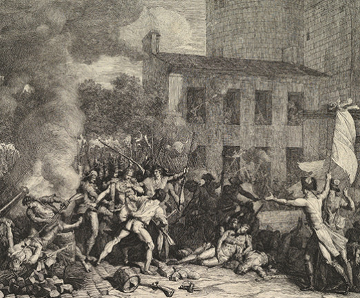 An illustration of the storming of Bastille. There is rubble, damaged buildings, and smoke as a result of the violence.