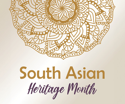 A cream coloured mandala pattern with text underneath that reads South Asian Heritage Month.