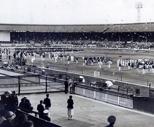 A photograph of a sports pitch from the British Empire Games in London.