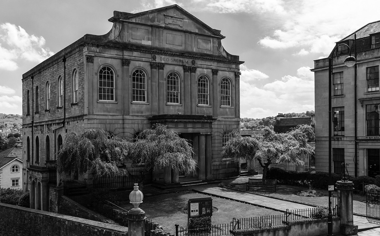 A black and white image of the Walcot Methodist Church in Bath.
