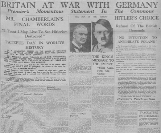 A newspaper with the headline Britain at War with Germany.