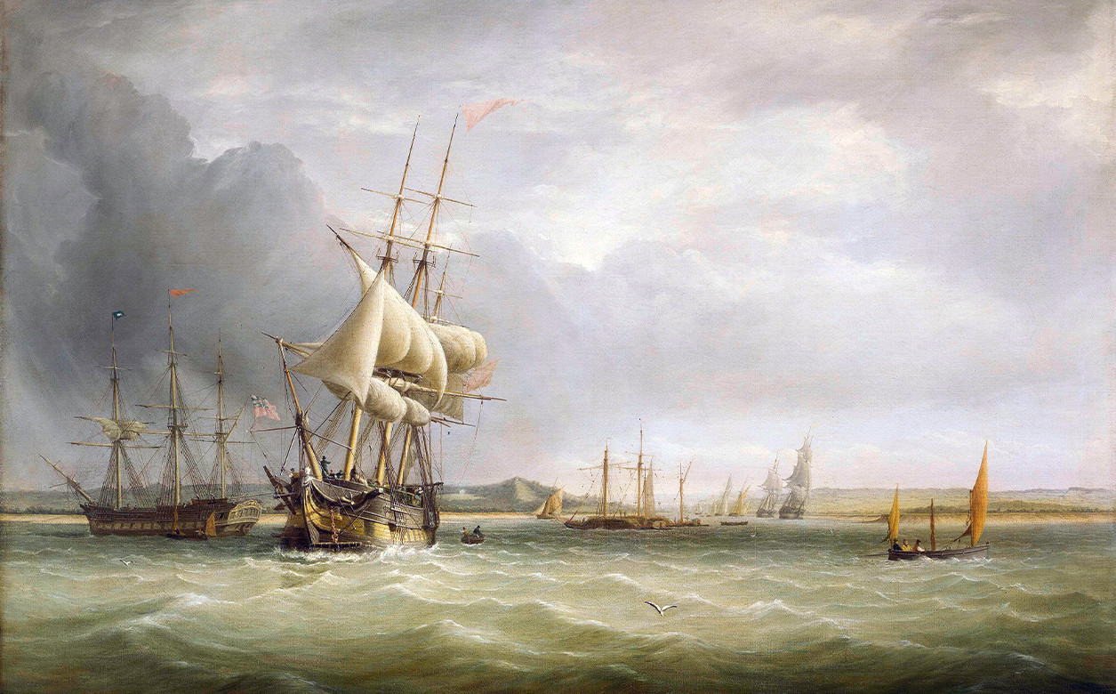 Merchant shipping is shown in the Bristol Channel, off the mouth of the Avon, in the year of the accession of Queen Victoria.