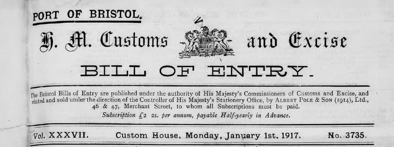 The header of a document that reads "Port of Bristol. H.M. Customs and Excise. Bill of Entry".
