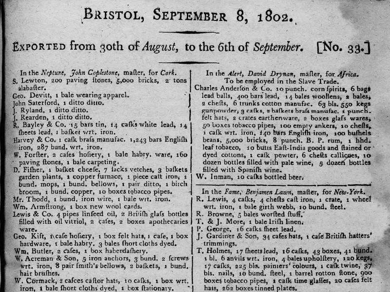 Section of a document detailing exports from 30 August to 6 September 1802, with the title Bristol, September 8th, 1802.