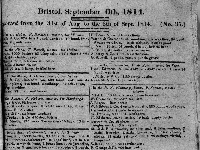 Section of a document detailing exports from 31 August to 6 September 1814, with the title Bristol, September 6th, 1814.