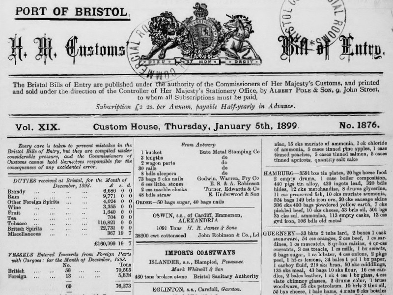 Section of the H. M. Customs Bill of Entry for the Port of Bristol, dated 5 January 1899.