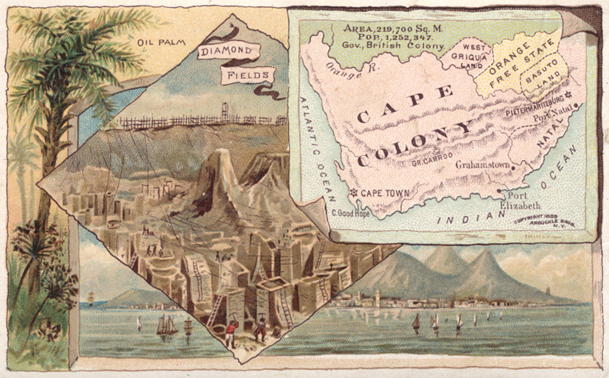 Illustration of a map of the cape colony. Displays an illustration of the diamond fields