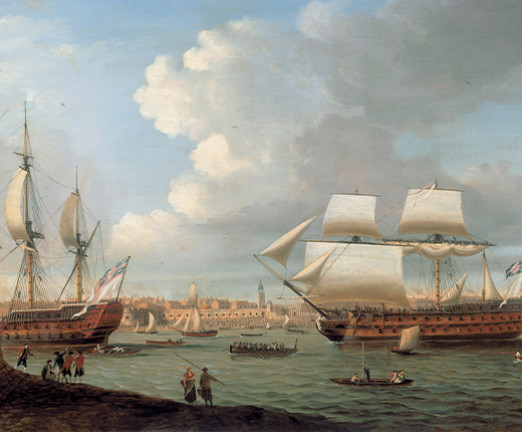 Painting by artist Thomas Luny in 1788 of East India Company's Ships.