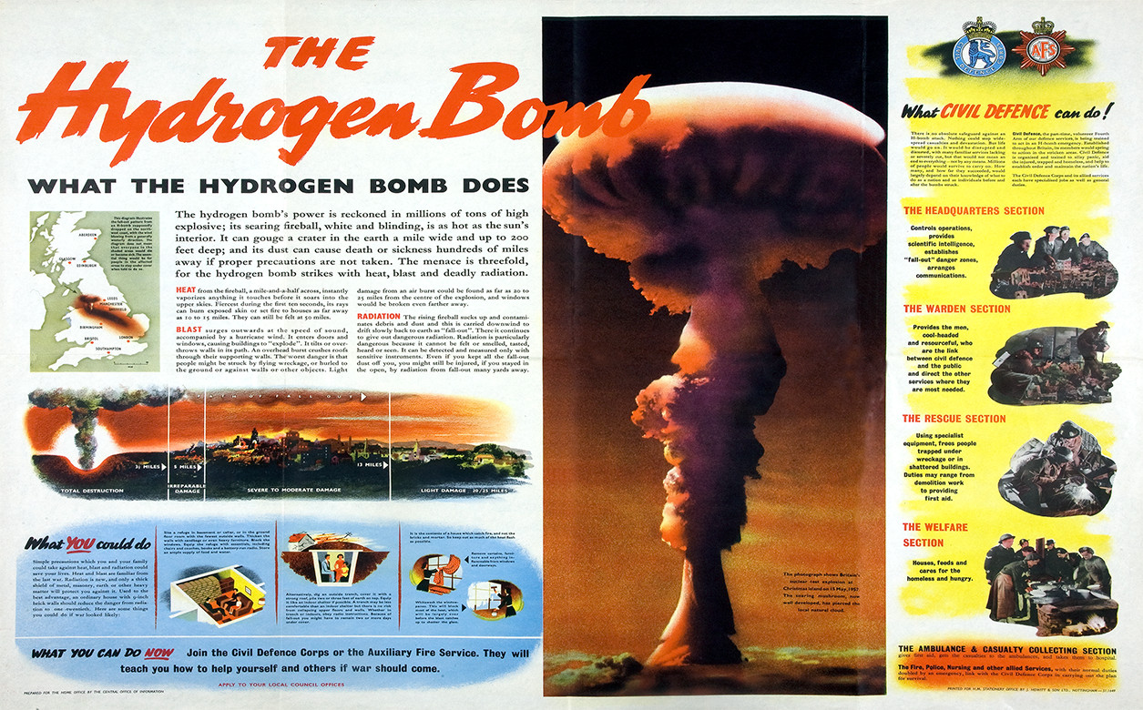 Poster about the Hydrogen Bomb. Sections describing what the hydrogen bomb does and what you could do feature on the left. A large photograph of Britain's nuclear test explosion features center-right, and on the far-right is a section titled what civil defense can do!